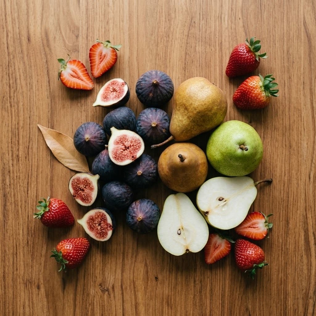 Whole seasonal fruit on the bench