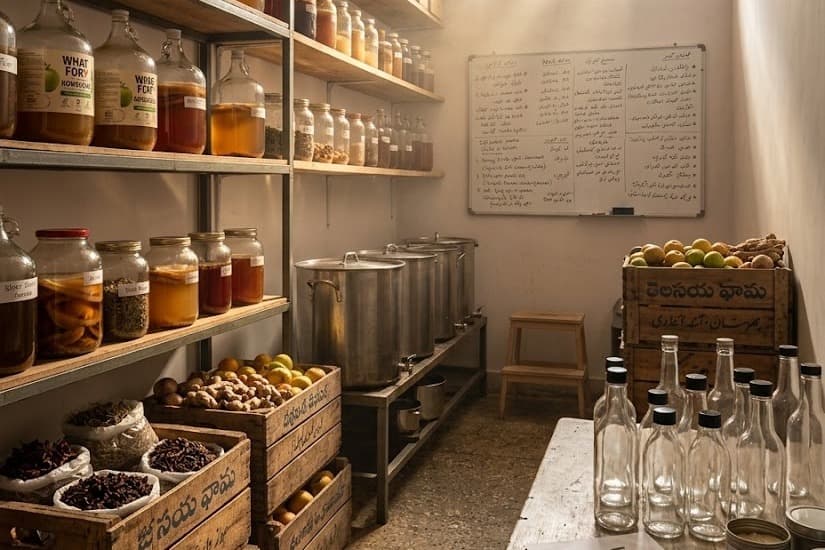 The LIV BREW CO. ferment house in Hyderabad: shelves of glass vessels and wooden crates