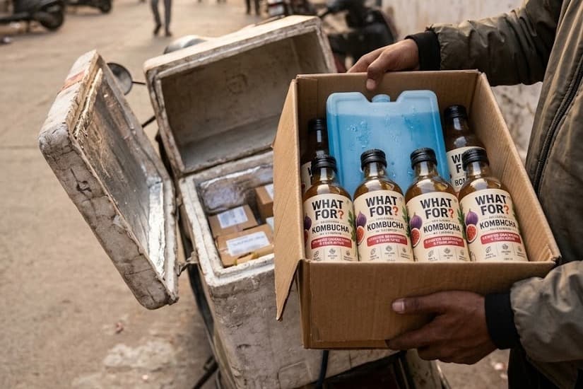 A crate of WHAT FOR? bottles packed cold for delivery in Hyderabad